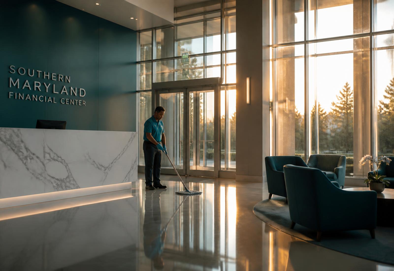 Clean Wizard Pro technician mopping a spotless Maryland office lobby at sunrise